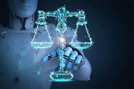 robot hands touching the scales of justice
