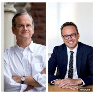 Headshots of Professors Lawrence Lessig and Larry Schwartztol of Harvard Law School