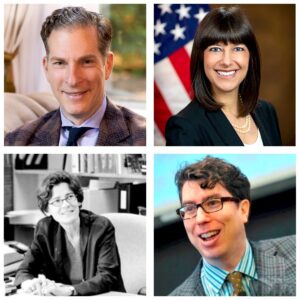 Head shots of HLS professors Jonathan Zittrain, Noah Feldman, Lucie White and Elizabeth Prolegar