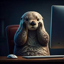 Otter sitting at a desk with his paws on his cheeks expressing feelings of embarrassment